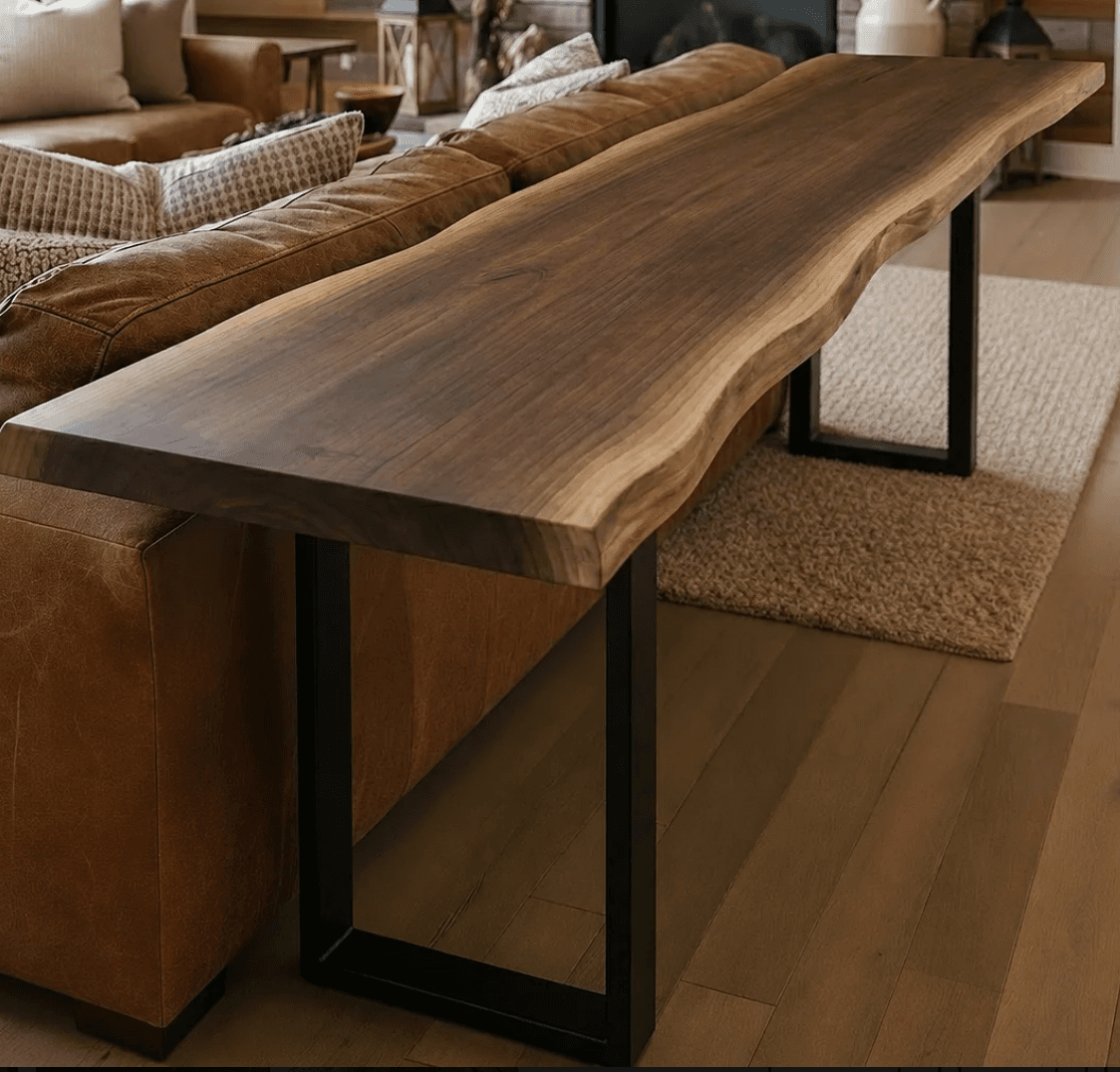 A contemporary bench featuring a live-edge walnut wood slab top and two black industrial-style U-shaped metal legs. The wood top displays natural, organic contours and rich grain patterns, while the metal base provides a clean, modern contrast. — 3D model