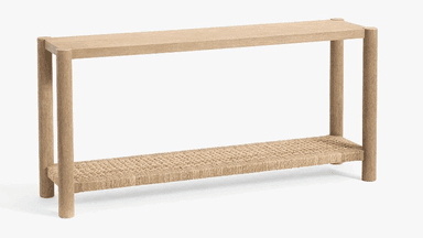 A long, narrow console table constructed from light-toned wood, featuring a rectangular top surface and a lower shelf meticulously crafted from woven natural fibers. — 3D model