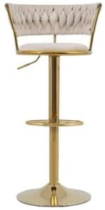 An adjustable height swivel bar stool featuring a circular upholstered seat and a low, curved backrest with vertical channel tufting. The stool is supported by a single pedestal base with a circular footrest and a round base plate, all finished in a brushed gold-tone metal. — 3D model