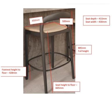 A modern bar stool featuring a dark-colored frame, likely molded plastic or metal, with a light beige or tan upholstered seat. The frame forms four legs, an integrated circular footrest, and extends upwards to create a minimalist backrest that gently curves. The design emphasizes clean lines and a contemporary aesthetic. — 3D model