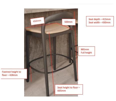 A modern bar stool featuring a dark-colored frame, likely molded plastic or metal, with a light beige or tan upholstered seat. The frame forms four legs, an integrated circular footrest, and extends upwards to create a minimalist backrest that gently curves. The design emphasizes clean lines and a contemporary aesthetic. — 3D model