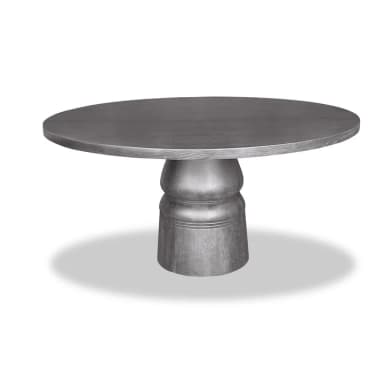 A round dining table featuring a thick, smooth circular top supported by a substantial, sculptural pedestal base. The table appears to be constructed from wood with a visible grain pattern, finished in a matte grey stain. — 3D model