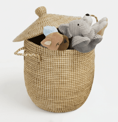A tall, round, hand-woven storage basket with a conical lid, made from natural fibers, and featuring integrated loop handles on the sides. The basket contains several plush toys. — 3D model