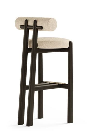 A modern bar stool featuring a dark-stained wooden frame, a round upholstered seat, and a distinctive cylindrical upholstered backrest, with a brass-toned footrest. — 3D model