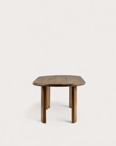 An elongated oval coffee table crafted from solid wood, featuring a smooth, curved tabletop and four thick, semi-cylindrical legs. The wood displays a rich, medium-brown tone with visible grain patterns, indicating its natural material. The design is contemporary, with rounded edges and a minimalist, sculptural aesthetic. — 3D model