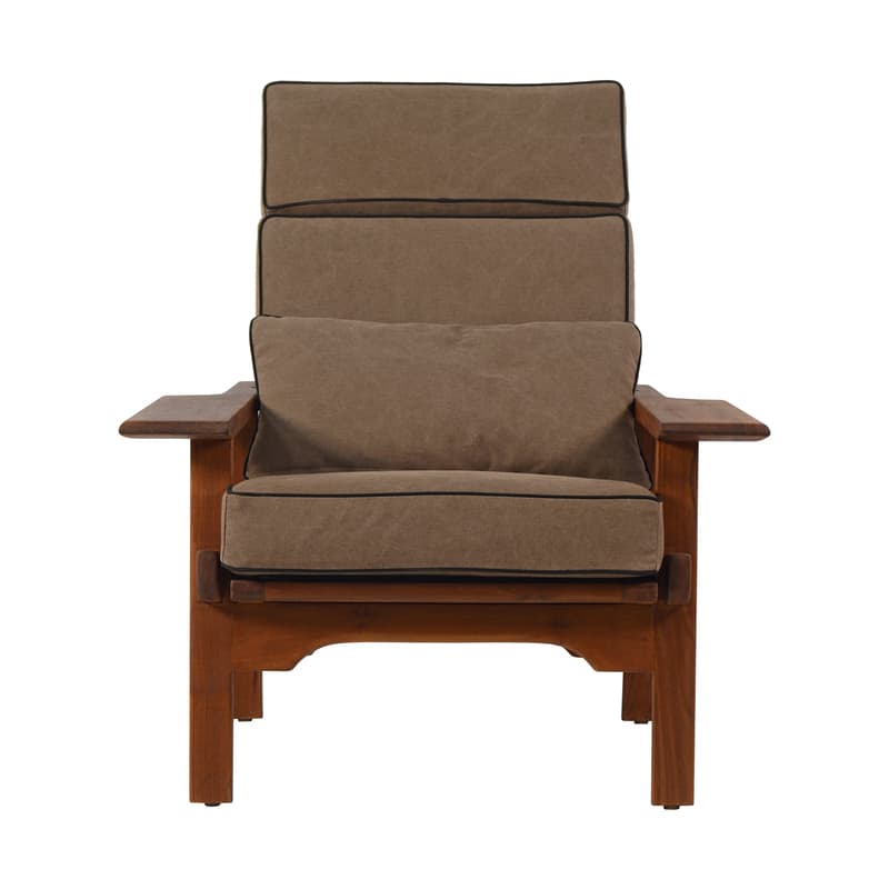 A wooden armchair with upholstered cushions. The chair features a high backrest composed of three stacked cushions, a separate lumbar cushion, and a seat cushion. The frame appears to be made of stained wood, with visible grain. The cushions are a neutral brown fabric with black piping. The armrests are flat and extend slightly beyond the frame. — 3D model