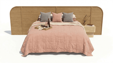 A modern platform bed featuring a light-toned wooden headboard with a distinctive curved side panel. The headboard integrates a matching wooden bedside table. The bed base is upholstered in a neutral fabric and is dressed with pink and grey bedding, including a quilted duvet and throw blanket. A wooden tray with wine and snacks rests on the bed. — 3D model
