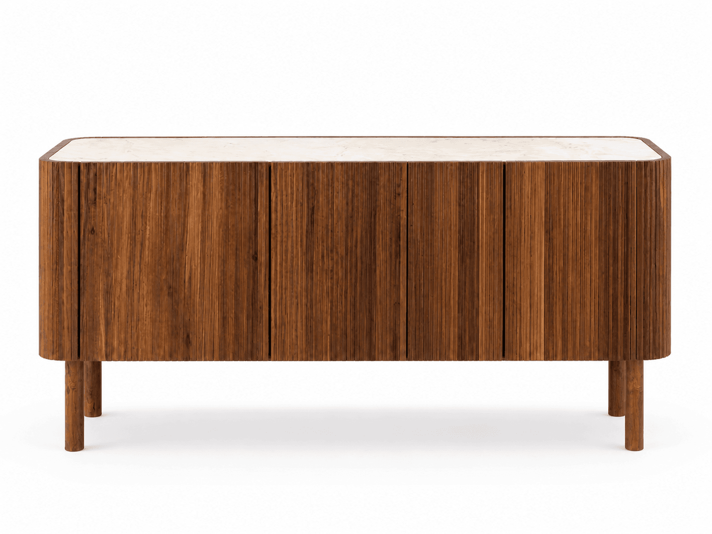 A wooden cabinet with a marble top and four legs. The cabinet doors have a fluted or slatted design, and the overall shape is somewhat rounded. — 3D model