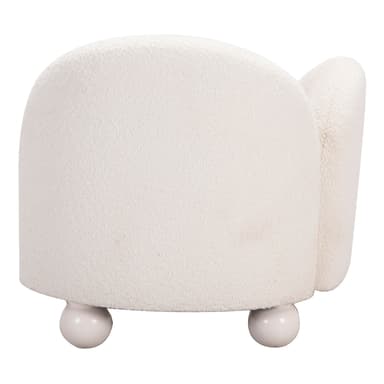 A contemporary armchair featuring an asymmetrical design with a single armrest. It is upholstered in a textured, cream-colored boucle fabric, presenting a soft and rounded silhouette. The chair is supported by four spherical ball feet, providing a distinctive and stable base. Its overall aesthetic is plush and modern. — 3D model