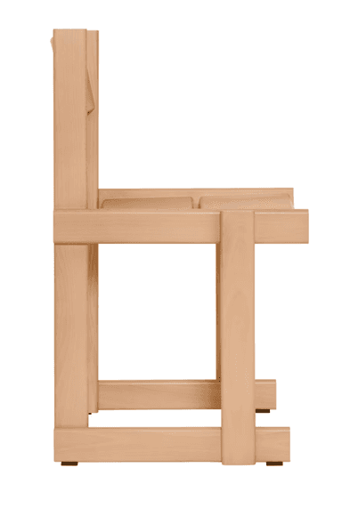 A light-colored wooden chair with a simple, modern design. It features a gently curved seat and a flat backrest supported by vertical posts. The frame is constructed from solid wood pieces, including legs and horizontal stretchers that provide stability. — 3D model