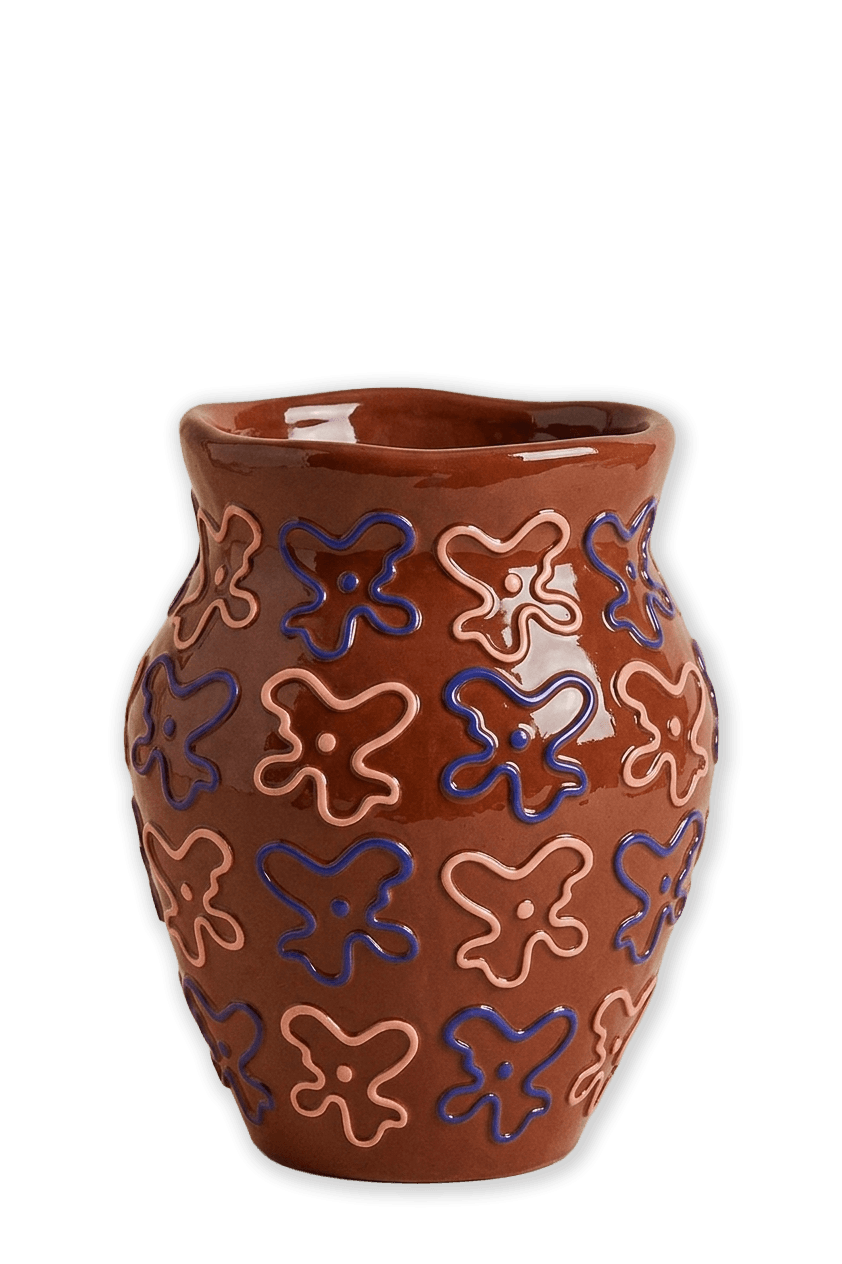 A brown, glazed ceramic vase featuring an irregular, organically shaped rim. Its surface is adorned with a repetitive pattern of abstract, wavy shapes, applied in contrasting matte blue and pink glazes. The main body of the vase is squat and rounded, tapering slightly towards the base. — 3D model