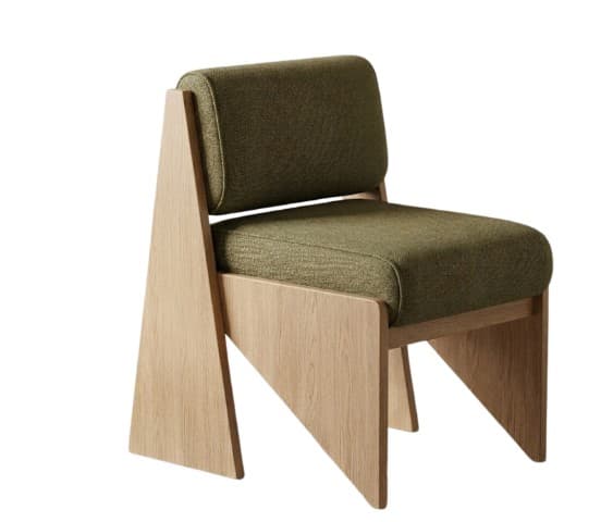 A modern armchair with a unique, angular wooden frame and upholstered seat and backrest. The frame is constructed from light-colored wood with a visible grain, featuring geometric cutouts and a cantilevered appearance. The upholstery is a textured, olive-green fabric. — 3D model