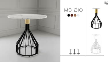 A contemporary round accent table featuring a white marble top with prominent grey veining, supported by a distinctive black metal geometric cage-like base with a subtle gold accent at the connection point. — 3D model