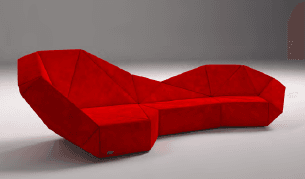 A modular, sculptural sofa with a striking geometric design. It features sharp angles and faceted surfaces, creating a contemporary and avant-garde aesthetic. The sofa is upholstered in a textured red fabric and appears to be configured as a sectional piece with multiple connected units. — 3D model