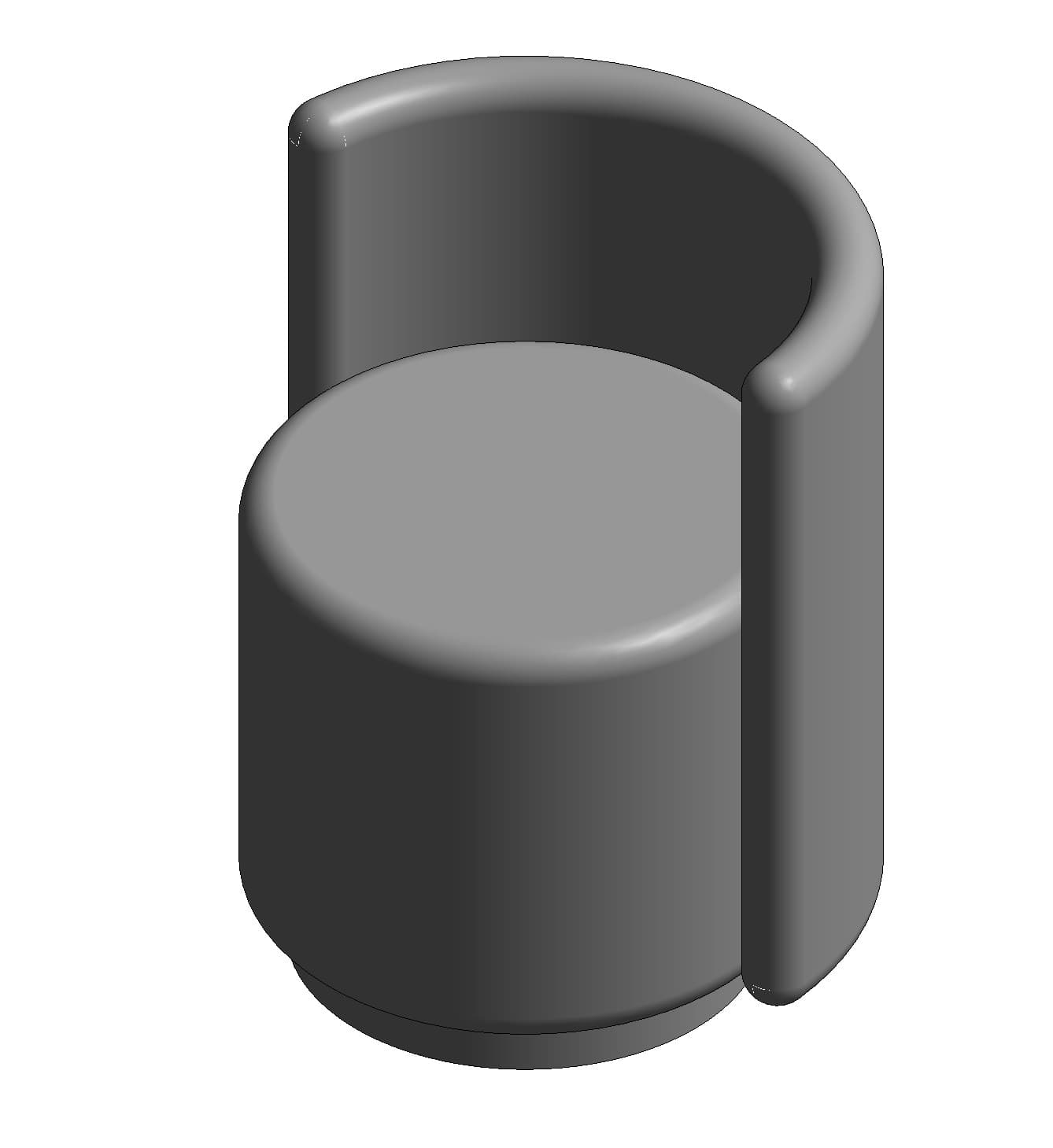 A modern, armless accent chair with a cylindrical base and a curved, open-front backrest. The seat is circular and integrated into the base structure. The overall design is minimalist and contemporary, appearing to be a 3D rendering. — 3D model
