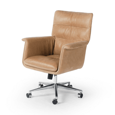 A tan upholstered office chair with a high back, padded armrests, and a chrome five-star base with casters, designed for executive use. — 3D model