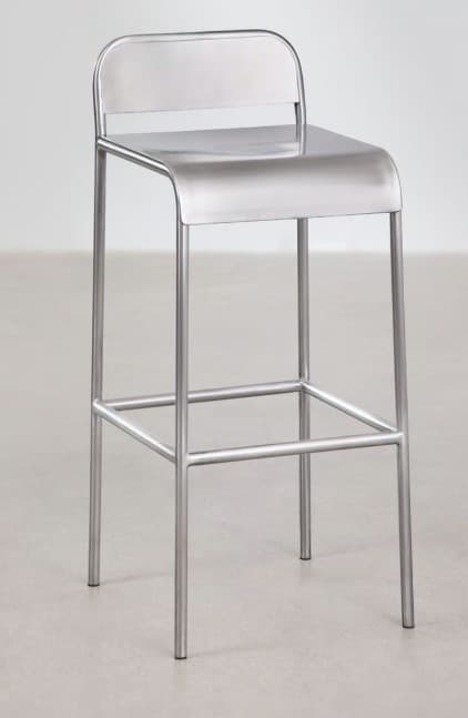 A modern bar stool constructed entirely from brushed metal. It features a curved, wrap-around seat and backrest, supported by four slender legs connected by a rectangular footrest. The design emphasizes clean lines and a minimalist aesthetic. — 3D model