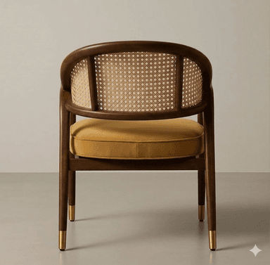 A wooden armchair with a curved backrest featuring cane webbing. The seat is upholstered with a mustard-yellow cushion. The legs are tapered and adorned with brass-colored caps at the bottom. — 3D model