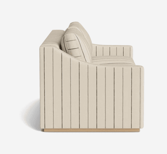 A contemporary two-seater sofa or loveseat upholstered in a light, striped fabric and resting on a wooden plinth base. The back and armrests feature vertical stripes, while the seat and back cushions have horizontal stripes. The design is low-profile with gently curved arms. — 3D model