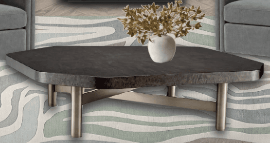 A modern coffee table with an angular, dark-toned tabletop and metallic legs. The tabletop has a wood grain texture and appears to be constructed from a composite material with a veneer finish. The legs are cylindrical and set at an angle, connected by a crossbar structure, suggesting a contemporary or minimalist design aesthetic. A decorative vase with dried foliage is placed on the tabletop. — 3D model