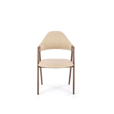 A modern armchair with a curved back and seat, upholstered in a textured light beige fabric. The frame consists of slender, dark-colored legs and arms, suggesting a minimalist design aesthetic. The chair is presented against a plain white background. — 3D model