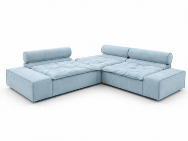 A light blue sectional sofa with a modern aesthetic, featuring deep, plush, tufted seat cushions and cylindrical bolster-style backrests. The sofa is composed of at least two modular sections forming a corner configuration, upholstered in a soft fabric, likely velvet or chenille. — 3D model
