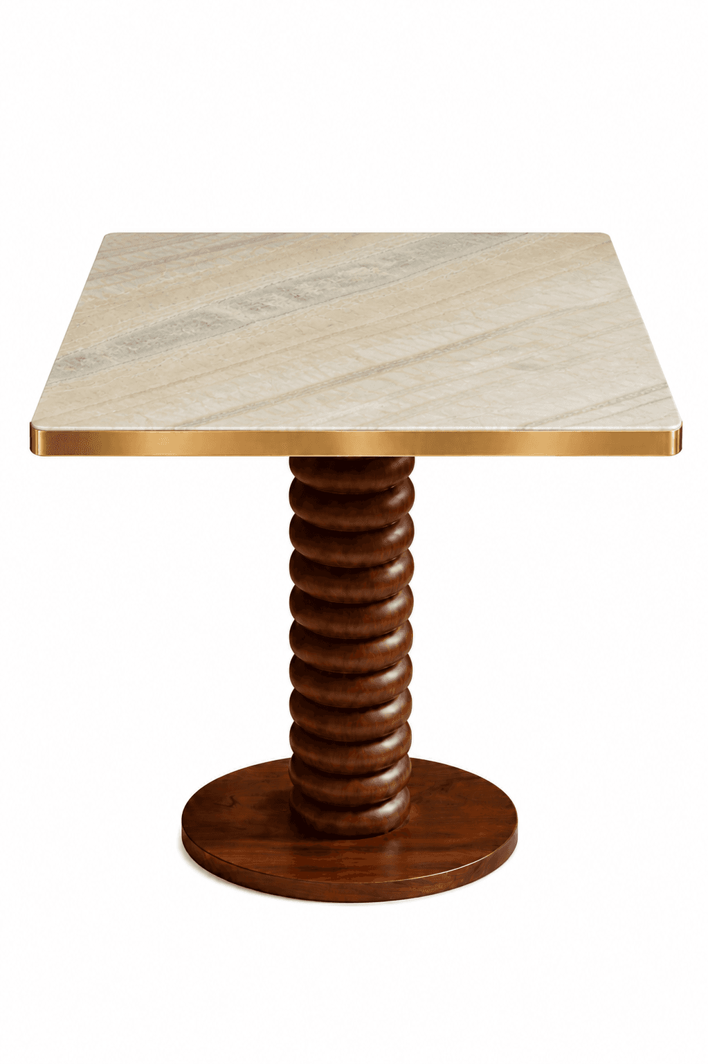 A square pedestal table featuring a natural stone top with a brass trim, supported by a distinctive spool-turned wooden base. — 3D model