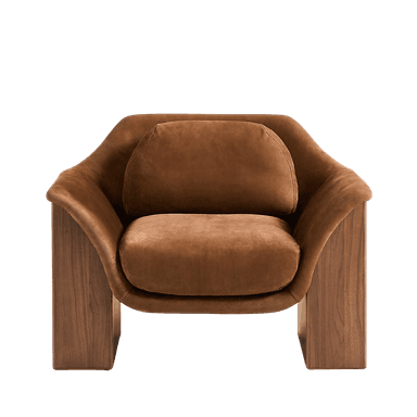 A contemporary armchair with a rounded, upholstered seat and backrest, featuring a detached lumbar cushion. The frame is constructed with solid wood panels that form substantial, block-like legs and armrests. The wood grain is prominently displayed, and the upholstery has a soft, velvety texture. — 3D model