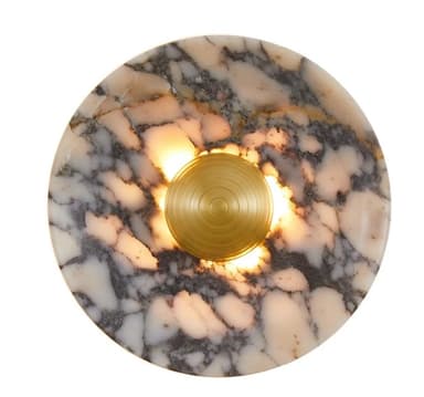 A contemporary circular wall sconce featuring a polished brass light source set against a translucent, variegated marble backplate. The marble shows prominent white, grey, and subtle gold veining, allowing light to diffuse through its surface. The brass element has a concentric ring pattern. — 3D model