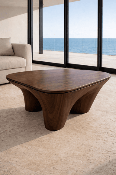 A low-profile, square-shaped coffee table with rounded corners. It features a dark wood finish with a prominent grain pattern. The table has a unique base structure with four flared legs that curve inwards towards the tabletop, creating a sculptural aesthetic. The surface appears smooth and solid. — 3D model