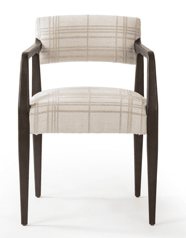 A contemporary upholstered armchair featuring a dark wooden frame and a light plaid fabric. The chair has a separate upholstered backrest and seat, with integrated wooden armrests that flow into the rear legs. The legs are slender and tapered. — 3D model