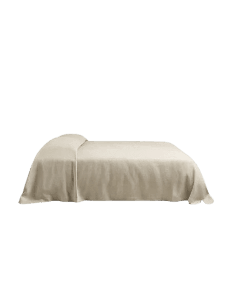 A low-profile bed with a soft, textured cover draped over it. The head of the bed is slightly raised, suggesting a headboard or a pillow tucked beneath the cover. The cover extends down the sides and foot of the bed, creating a draped effect. The visible portion of the bed frame is minimal, with the focus being on the covered surface. — 3D model