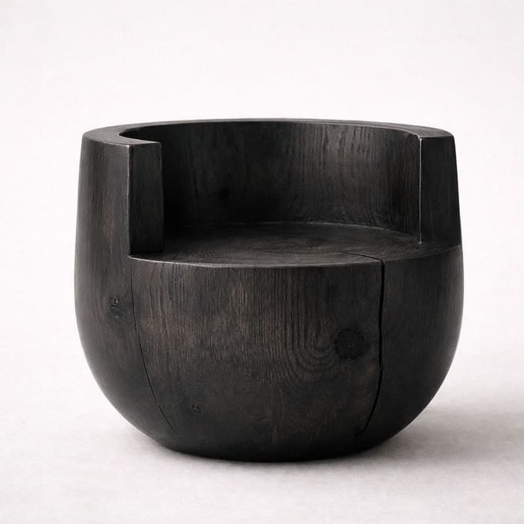 A low-profile, armless armchair with a rounded, barrel-like base and a carved-out seat and backrest. The design emphasizes natural wood grain and imperfections. — 3D model