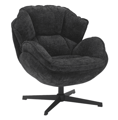 A dark gray armchair with a high, rounded back and seat, featuring layered, petal-like upholstery. The chair has a swivel base with four splayed legs in a matte black finish. The fabric appears to be a textured, low-pile textile. — 3D model