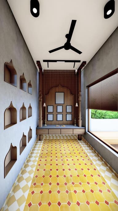 A traditional Indian pooja unit crafted from medium-toned wood, featuring an intricate lattice-patterned back panel and a prominent central arch. The unit includes two heavily carved pillars that support an overhead structure. Below the display area, there is a grey stone countertop with several integrated drawers, resting on short, stout wooden legs. Decorative elements such as small bells and miniature framed images adorn the back panel. — 3D model