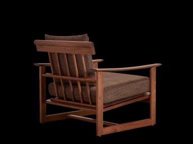 A wooden armchair with upholstered cushions. The frame is constructed from dark wood, likely walnut or a similar hardwood, featuring clean lines and a minimalist design. The seat and back cushions are upholstered in a patterned fabric, appearing to be a houndstooth or similar small-scale check in brown and black tones. The arms are curved and integrated into the wooden frame. — 3D model