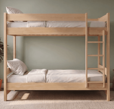 A minimalist twin bunk bed constructed from light-toned natural wood, featuring a simple, sturdy design. The bed includes two stacked sleeping platforms, each with a slatted base for mattress support, and an integrated ladder on the right side for access to the top bunk. Both upper and lower bunks are equipped with safety rails on all open sides, and the overall aesthetic is clean and contemporary. — 3D model