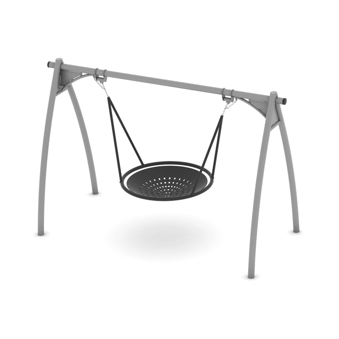 A modern freestanding outdoor swing set with a grey powder-coated metal A-frame structure supporting a circular, black perforated metal basket-style seat suspended by ropes and chains. — 3D model