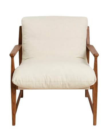 A wooden armchair with plush, off-white upholstered seat and back cushions. The frame and arms are constructed from a warm-toned wood with visible grain. The design is minimalist and modern. — 3D model