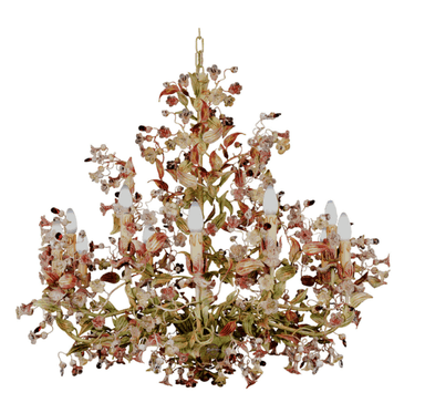 A multi-tiered chandelier designed to resemble a floral arrangement. It features a central metal structure adorned with numerous sculpted flowers, leaves, and buds in various shades of green, pink, red, and cream. The structure is embellished with smaller decorative elements that resemble berries or dewdrops. Multiple candle-shaped light bulbs are integrated into the design. — 3D model