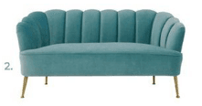 A stylish two-seater loveseat featuring a distinctive scalloped, shell-like backrest upholstered in a luxurious teal velvet fabric, supported by slender, gold-finished metal legs. — 3D model
