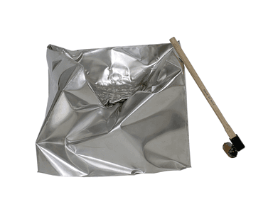 A crinkled, silver-colored bean bag chair, resembling a large piece of crumpled metallic foil, is depicted with a felling axe leaning against its side on a white background. — 3D model