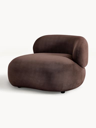 A single-seater, fully upholstered dark brown lounge chair with a low-profile and rounded, organic forms. The chair features a soft, textured fabric and an armless design, giving it a minimalist yet comfortable appearance. Small, discreet feet are visible at the base. — 3D model