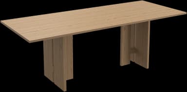 A contemporary dining table featuring a thick rectangular tabletop and two robust, panel-style leg structures, all crafted from light-toned wood with visible grain. Each leg structure consists of two vertical panels joined by a horizontal support beam, creating a sturdy and minimalist design. — 3D model