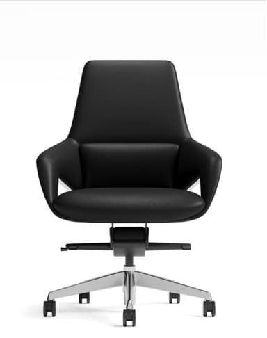 A modern office chair featuring a contoured black upholstered seat and back, encased in a curved wooden veneer shell with a white trim. It sits on a polished five-star metal base with casters for mobility and has height adjustment and swivel functionality. — 3D model