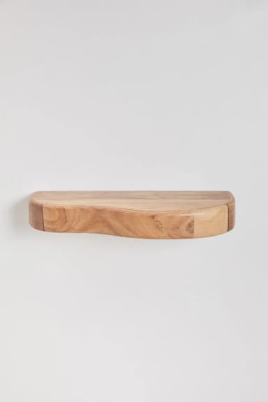 A semi-circular wall shelf constructed from solid wood. The front edge features a live-edge, natural contour, while the sides appear to be joined with clean cuts. The wood grain is visible, displaying variations in color and pattern. — 3D model
