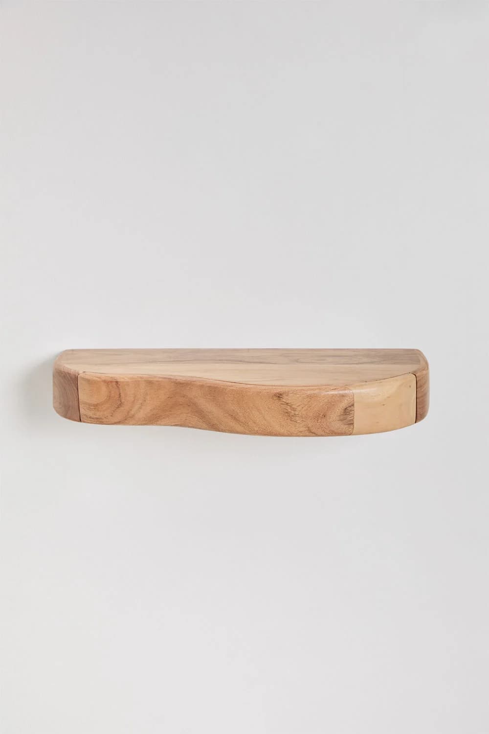 A semi-circular wall shelf constructed from solid wood. The front edge features a live-edge, natural contour, while the sides appear to be joined with clean cuts. The wood grain is visible, displaying variations in color and pattern. — 3D model