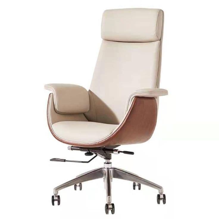 A high-back swivel executive office chair featuring a cream-colored upholstered interior and a contrasting dark brown curved exterior shell. It sits on a five-star polished metal base with casters, and includes integrated padded armrests and visible levers for adjustment. — 3D model