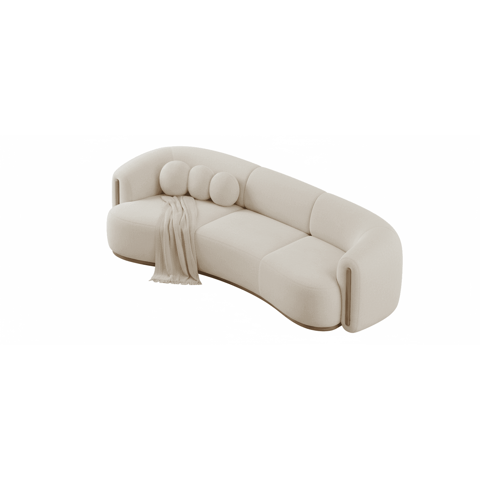 A contemporary, organically shaped sofa upholstered in a light cream or off-white boucle-style fabric, featuring a low profile, integrated curved armrests, and a wooden plinth base. It is accessorized with three spherical throw cushions and a draped blanket. — 3D model