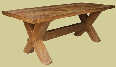 A sturdy, rectangular wooden bench with two X-shaped trestle bases connected by a central stretcher. — 3D model